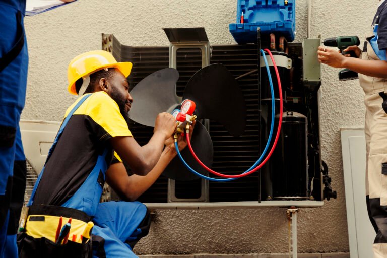 Proficient worker expertly refilling refrigerant in HVAC system while using barometer gauges to correctly measure the pressure in condenser, ensuring right cooling performance